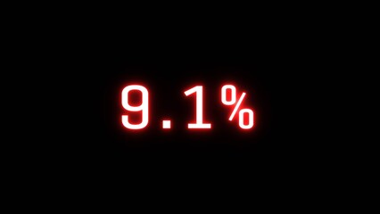 Counting business percentage number illustration. Neon sale 9.1% number on black background.