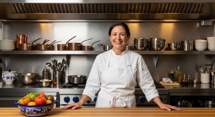 Smiling chef in white uniform standing in a professional kitchen