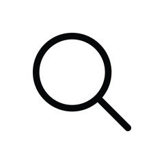 A minimalist black and white icon of a magnifying glass, symbolizing search, investigation, and finding information. Music and Media single line icon UI design.