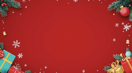 Christmas Themed Border with Cartoon Decorations, Gifts and Snowflakes, Red Background with Blank Left Side for Social Media, Web Template, Invitation Card