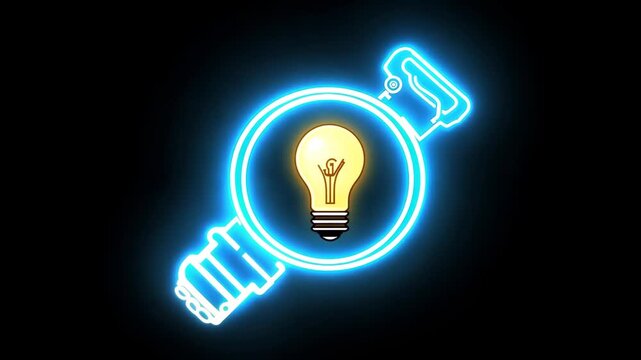 Neon light bulb icon inside a glowing blue circular shape on black background