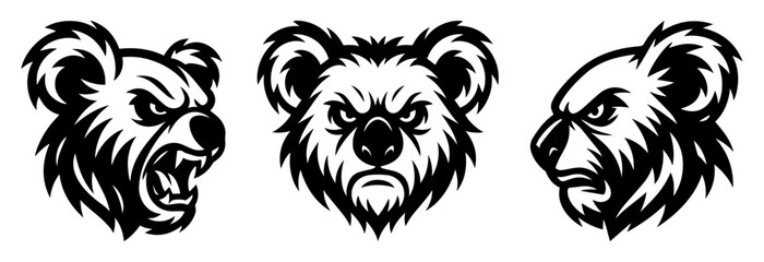 Stylized Koala Head Illustrations in Bold Black and White &ndash; Powerful Animal Graphics Featuring Roaring, Stern, and Intense Expressions for Mascots, Emblem, Logos, Tattoos, and Modern Branding Concepts