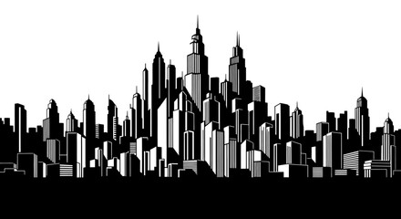 Obraz premium Black and White Cityscape Silhouette with Skyscrapers and Modern Architecture
