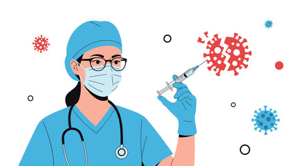 Doctor in scrubs and mask holds syringe to inject broken coronavirus particle, representing vaccination and fighting disease.