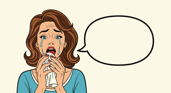 Sad woman crying with a tissue and an empty speech bubble in a retro comic book style.