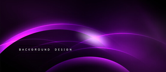 Dark purple background features glowing curved lines. Bright light radiates from center, creating dynamic visual effect. Modern design element.