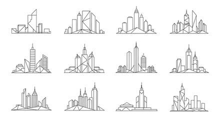 Urban Geometric Silhouette Collection: A captivating collection of modern urban designs showcases the architectural essence of iconic cityscapes through the artistry of geometric line work.