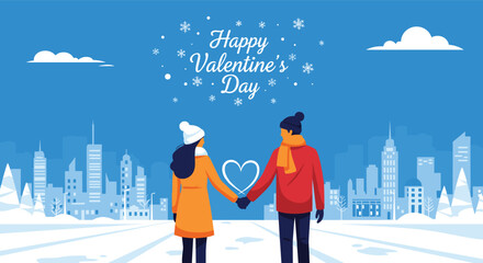 A couple holding hands in the snow with a city skyline and Valentine's Day message.