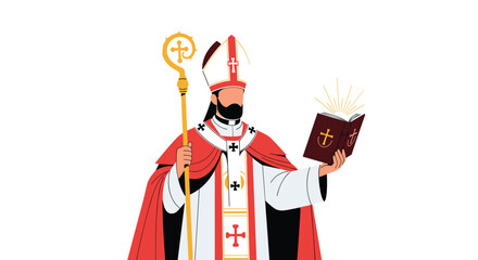 A bishop in ceremonial robes holding a staff and an open illuminated book.