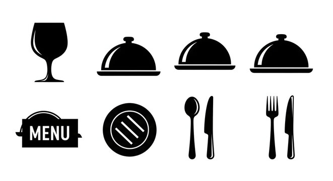 Restaurant Essentials: A minimalist collection of essential restaurant elements, including a wine glass, covered plates, and tableware. Capturing the essence of a fine dining experience.