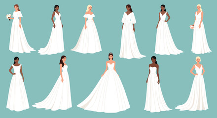 Diverse group of women in various white wedding dresses, showcasing different styles and body types.