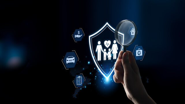 Concept of comprehensive insurance coverage and financial planning. A policy that provides life, health, and asset protection for a family's security and risk management. Fermion