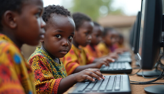 African children intently learn to use computers outdoors. Young students practice typing on keyboards in row, focusing on online education. One curious kid looks at camera. Gain essential tech