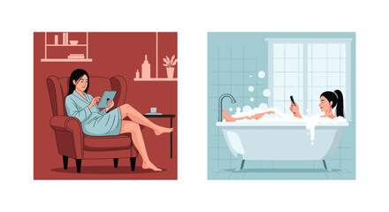 Young woman relaxing with tablet in armchair and another woman in bubble bath with phone.