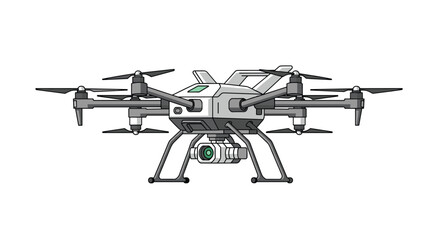 Detailed illustration of a white drone with four propellers and a camera attached, isolated on a white background.