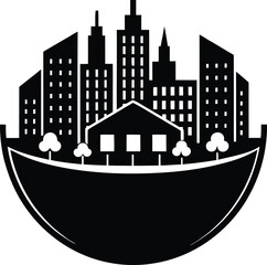 Modern green city icon with urban elements and sustainability symbols