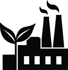 Industrial factory building with environmental smoke and green leaf icon