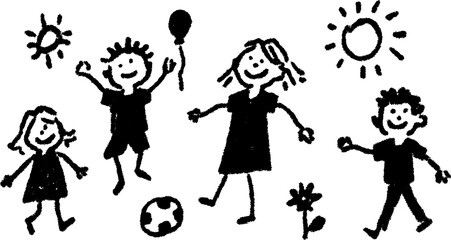 Children playing together in a happy scene. This simple vector illustration captures joyful moments using a ball and flowers.