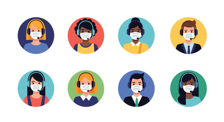 Diverse call center agents wear masks and headsets for customer service and communication.