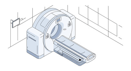 Isometric illustration of a modern CT scanner in a medical room.