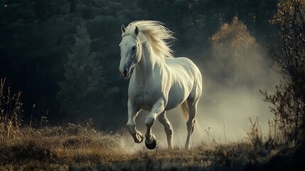 Galloping white horse running freely across open landscape, majestic animal in motion