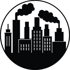 Smoggy city skyline icon with industrial buildings and pollution