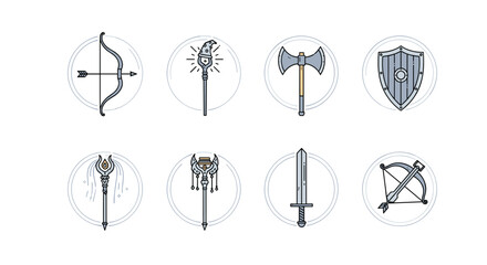 Collection of fantasy weapon and shield icons in a circular frame design;.