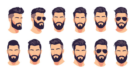 Collection of stylish men's hairstyles and beard styles presented in a grid format.