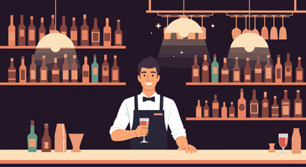 Smiling bartender in an apron holding a glass of red wine at a bar with bottles on shelves.