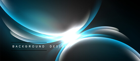 Abstract blue light shapes create dynamic flow. Bright center radiates energy, dark background enhances contrast. Modern design element.