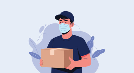 Delivery person wearing a mask carries a package, illustrating safe delivery services during a pandemic.