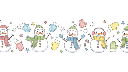 Cute Cartoon Snowmen with Colorful Scarves and Mittens Seamless Pattern