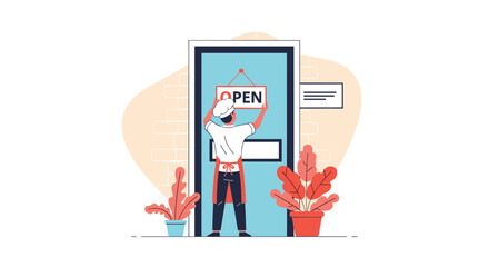 A chef hangs an open sign on a blue door, ready to welcome customers to their establishment.