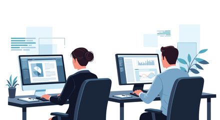 Two business professionals working at computers analyzing data in a modern office setting.