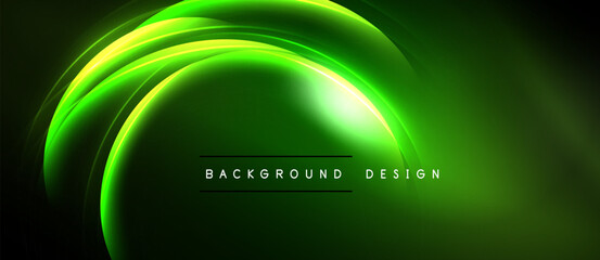 Bright green neon curves over dark background. Modern design element, abstract light shapes create dynamic visual effect.