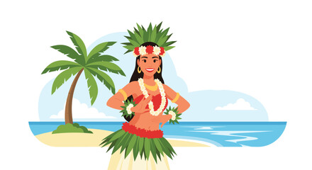 A hula dancer performs on a tropical beach with palm trees and the ocean in the background.