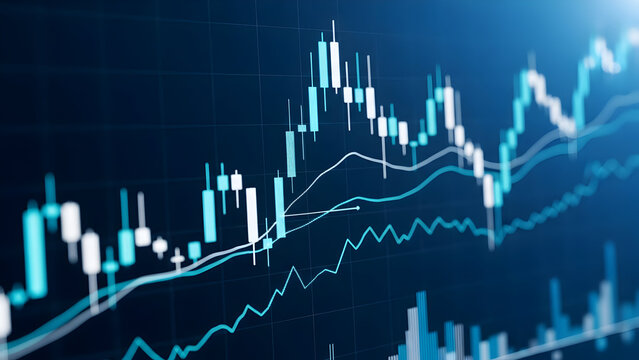Abstract financial chart with candlestick and line graphs on dark blue background