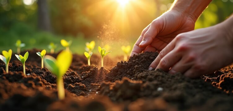 Hands carefully arrange rich dark soil around tiny green sprouts. Sunbeams bathe young plants in warm golden light. A new garden awakens, growing toward sunshine.