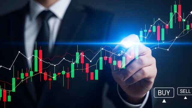 Businessman analyzing stock market trends with digital interface and candlestick charts