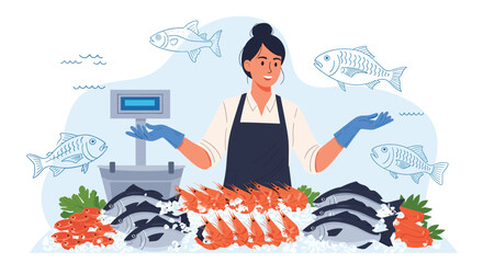 Fishmonger with scales and fresh seafood display, featuring fish and shrimp.