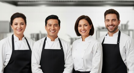 Smiling chefs posing together in a bright commercial kitchen