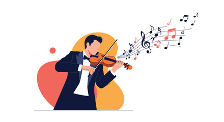 A man in a tuxedo plays the violin with musical notes flowing out.