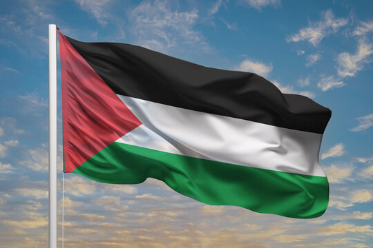 Realistic close-up of the Palestine flag waving on a tall flagpole under a bright sky with soft scattered clouds, showing smooth wind motion, vivid colors, and a strong atmosphere of national pride.
