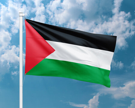 Realistic close-up of the Palestine flag waving on a tall flagpole under a bright sky with soft scattered clouds, showing smooth wind motion, vivid colors, and a strong atmosphere of national pride.
