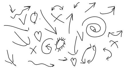 Arrows, circles and spirals, black and white sketch. Vector illustration. Arrows, crosses, simple drawing, isolated on a white background