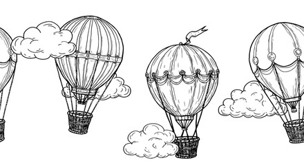 Balloon with a wicker basket, black and white sketch. Vector illustration. Seamless border with a child's toy and fluffy clouds, isolated on a white background. Birthday theme, nursery decor