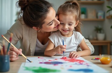 Mom kisses daughter painting together. Young mother and kid paint with brush at home. Family enjoy art, creativity. Happy female with girl have fun drawing, learning.