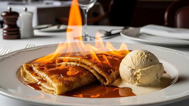 Crepe suzette flamb with vanilla ice cream on a white plate in restaurant - Powered by Adobe