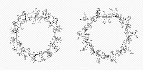Two hand-drawn line art wreaths with leaves and small figures holding ribbons, on a transparent background.