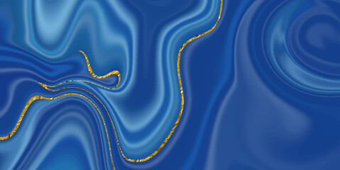 Artistic abstract marble ink banner with golden wavy foil line. Artistic golden blue background